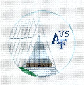 Military Travel Round ~ UNITED STATES AIR FORCE ACADEMY in COLORADO Needlepoint Canvas by Kathy Schenkel RD.