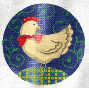 Round~Christmas Hen Chicken with Red Bow handpainted Needlepoint Canvas by Juliemar