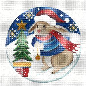 Christmas Round ~ Adorable Bunny with Christmas Tree holding a Golden Bell handpainted Needlepoint Canvas by Rebecca Wood