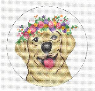 Round-Golden Lab with Wreath Dog handpainted Needlepoint Canvas Ornament from Danji