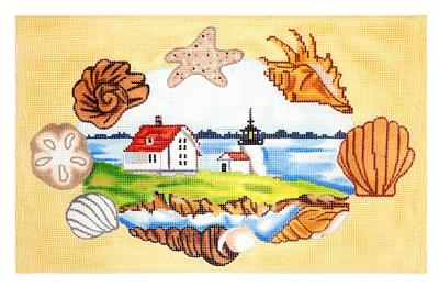 Travel Canvas ~ Island Lighthouse Scene with Shell Frame handpainted Needlepoint Canvas by Starke Art CBK
