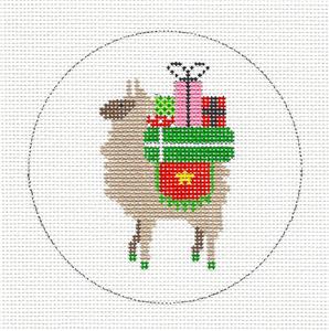Christmas Round ~ LLAMA with Presents handpainted Needlepoint Ornament Canvas by ZIA ~ Danji