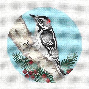 Bird Round ~ Downy Woodpecker 4" Rd. handpainted Needlepoint Canvas by Needle Crossings