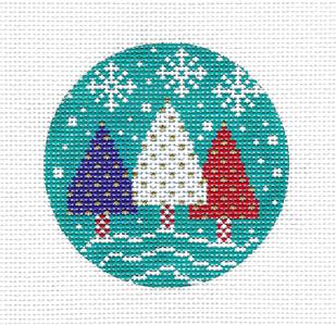 Round-3 Trees on Teal 4" Ornament handpainted 13m Needlepoint Canvas by Karen ~ CBK
