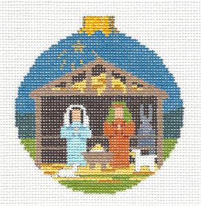 Christmas Nativity ~ Holy Family in Stable 3.5" Ornament handpainted Needlepoint Canvas Susan Roberts