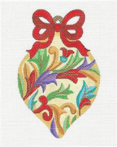 Ornament ~ Jeweled Leaves & Red Bow Ornament handpainted Needlepoint Canvas by Alexa