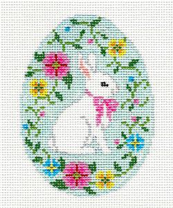 Egg ~ White Bunny Surrounded by Flowers Egg handpainted Needlepoint Canvas by Susan Roberts