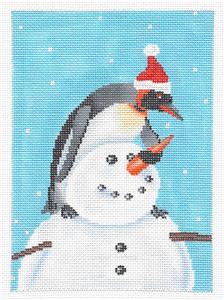 Penguin Canvas ~ Penguin Building a Snowman Handpainted Needlepoint canvas Scott Church