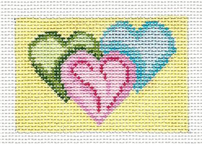 Canvas ~ Three Hearts to fit Planet Earth ID TAG 2" by 3" handpainted Needlepoint Canvas Needle Crossings