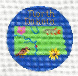 Round~ 4.25" NORTH DAKOTA handpainted Needlepoint Canvas Ornament by Silver Needle