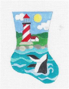 Mini Stocking ~ Seaside Lighthouse & Whale Mini Stocking handpainted Needlepoint Ornament Raymond Crawford