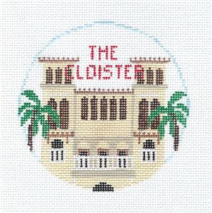 Travel Round ~ THE CLOISTER ~ 5 Star Resort in Sea Island, Georgia 18 mesh handpainted 4" Rd. Needlepoint Ornament Canvas by Kathy Schenkel