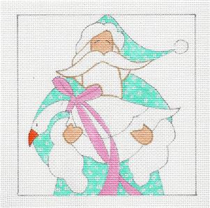 Christmas Square ~ SANTA Holding a White GOOSE handpainted Needlepoint Canvas by Curtis Boehringer