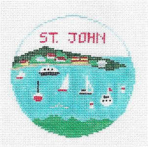 Travel Round ~ St. John in the U.S. Virgin Islands handpainted Needlepoint Canvas Kathy Schenkel