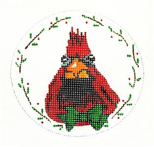 Bird Round ~ Christmas Cardinal Wearing a Bow Tie HP 4" Needlepoint Ornament Canvas by ZIA ~ Danji