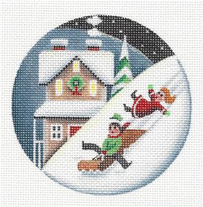 Round ~ Children Sledding Ornament handpainted Needlepoint Canvas by Rebecca Wood