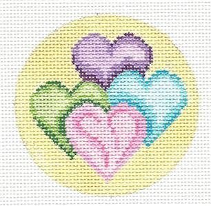 Round~3" Four Pastel Hearts Ornament handpainted Needlepoint by Needle Cros