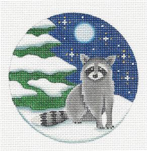 Round ~ Raccoon in Moonlight 4" Rd. Ornament handpainted 18 mesh Needlepoint Canvas by Rebecca Wood