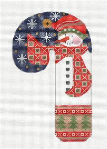 Large Candy Cane ~ Snowman in a Scarf in the Snow handpainted Needlepoint Canvas Danji