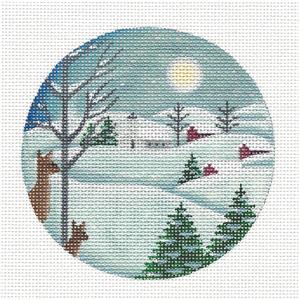 Round ~ Moonlight, Deer & Snowy Landscape handpainted 4" Rd. 18 Mesh Needlepoint Canvas Rebecca Wood
