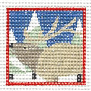 Coaster ~ ELK in Snowflakes handpainted 13 mesh Needlepoint Canvas 4" Square by Kathy Schenkel