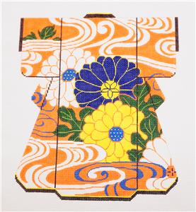 Kimono ~ ZINNIAS on Orange LG. Japanese Kimono handpainted Needlepoint Canvas EE