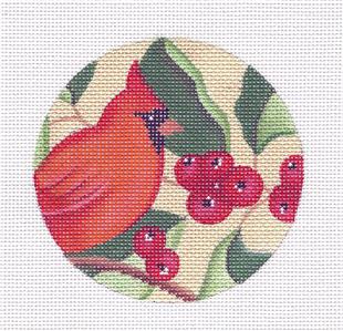 Bird Round ~ Cardinal Bird with Holly & Berries handpainted Needlepoint Canvas by Amanda Lawford