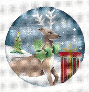 Christmas Round ~ Reindeer with Gift Ornament handpainted Needlepoint Canvas by Rebecca Wood