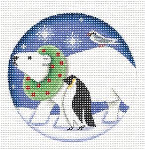 Christmas Round ~ Polar Bear, Penguin & Shore Bird Ornament handpainted Needlepoint Canvas by Rebecca Wood