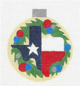 Round ~ Texas Wreath, State & Star handpainted Needlepoint Ornament by Raymond Crawford