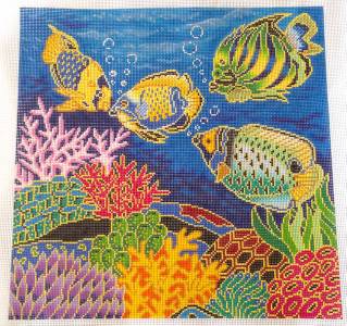 Canvas ~ Tropical Coral Reef & Fish handpainted Needlepoint Canvas 16" by 16" 12 mesh by LEE