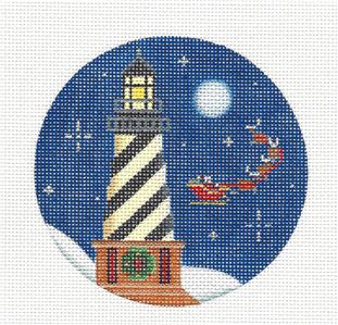 Round ~ Black & White Lighthouse with Santa in Sleigh handpainted Needlepoint Ornament by Rebecca Wood