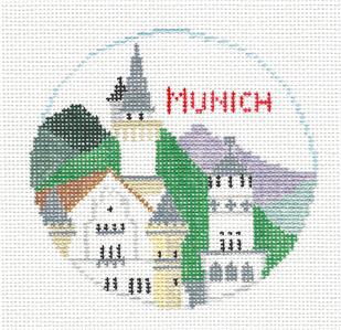 Travel Round ~ Munich, Germany handpainted 18mesh Needlepoint 4" Ornament Canvas by Kathy Schenkel