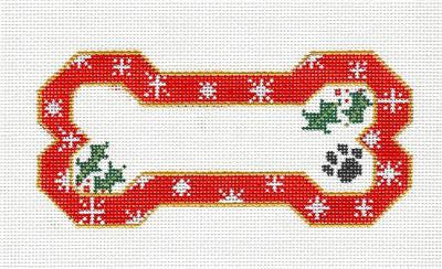 Dog Bone ~ Snowflakes & Holly Red Dog Bone with Paw Print handpainted Needlepoint Canvas Ornament by BP Designs Danji