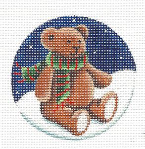 Round ~ Teddy Bear Wearing a Scarf 2.5" Ornament handpainted Needlepoint Canvas Rebecca Wood