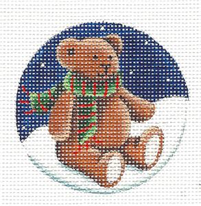 Round ~ Teddy Bear Wearing a Scarf 2.5" Rd. Ornament handpainted 18 Mesh Needlepoint Canvas Rebecca Wood