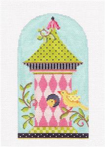 Kelly Clark ~ Birdhouse Pink Harlequin handpainted Needlepoint Canvas by Kelly Clark