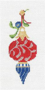 Christmas Ornament ~ Blue, White, Red and Silver Ornament handpainted Needlepoint Ornament Canvas by Kelly Clark