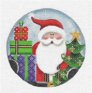 Christmas Round ~ Merry Christmas Santa with Gifts and Tree 18 Mesh handpainted 4" Rd. Needlepoint Canvas by Rebecca Wood