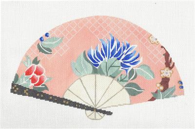 Oriental Fan ~ Oriental Blue Mum on Peach FAN handpainted 18 mesh Needlepoint Canvas by Sophia