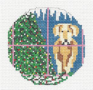 Dog Round ~ Yellow Lab Dog in Window handpainted 18 mesh 3" Needlepoint Canvas Needle Crossings