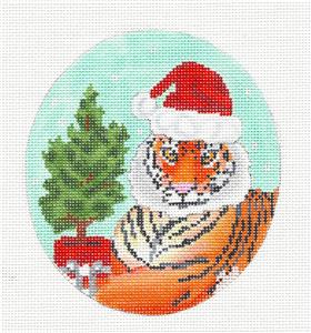 Christmas Oval ~ Tiger in Santa Hat Christmas handpainted Oval Needlepoint Canvas by Scott Church