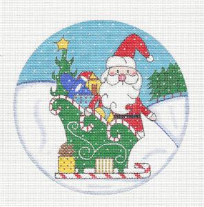 Christmas Round ~ Christmas Santa & Sleigh Full of Joy handpainted Needlepoint Canvas Ornament Alice Peterson