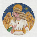 Christmas Round ~ Golden Jeweled Angel 4" Rd. Ornament handpainted 18 Mesh Needlepoint Canvas by Rebecca Wood