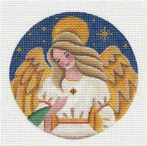 Christmas Round ~ Golden Jeweled Angel 4" Rd. Ornament handpainted 18 Mesh Needlepoint Canvas by Rebecca Wood