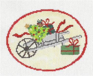 Christmas Oval ~ Gardener's Wheelbarrow of Christmas Treasures handpainted Needlepoint Canvas by Laura from CBK