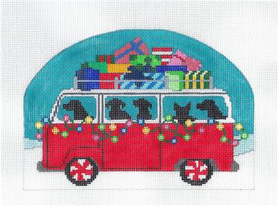 Canvas ~ Christmas Dogs in VW Bus "HAPPY HOWLIDAYS" HP 18 Mesh Needlepoint Canvas from CBK