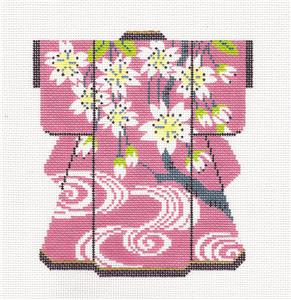 Kimono~LEE Medium White Blossoms on Pink Kimono handpainted Needlepoint Canvas