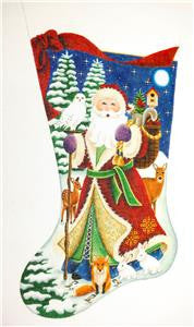 Full Size Stocking ~ Forest Santa LG. Stocking handpainted Needlepoint Canvas by Rebecca Wood