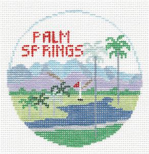 Travel Round ~ PALM SPRINGS, CALIFORNIA  handpainted Needlepoint Canvas by Kathy Schenkel